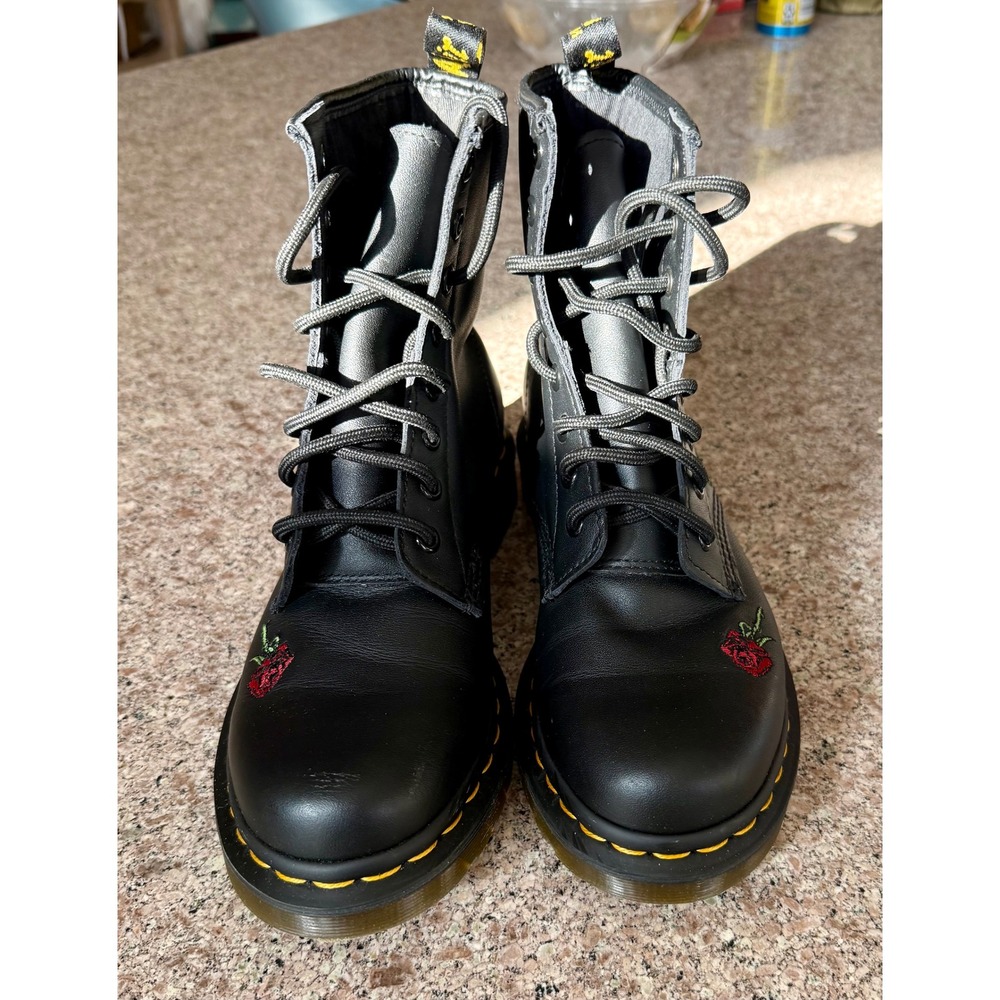 Dr Martens Black Leather Rose Embroidered Combat Boots Women - Picture 6 of 10